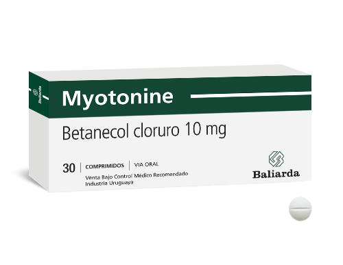 Myotonine_10_Betanecol_10.png Myotonine  Betanecol Cloruro Agente colinérgico Atonía gastrointestinal Betanecol Myotonine Postoperatorio Postparto Receptor muscarínico M3 Retención urinaria aguda