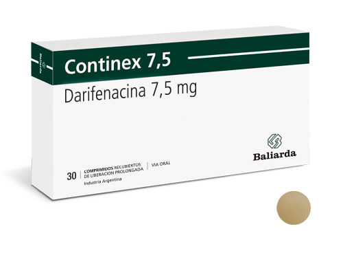 Continex_7,5_Darifenacina_10.png Continex Darifenacina anticolinergico antiespasmódico antimuscarino M3 Continex Darifenacina incontinencia urinaria síndrome de vejiga hiperactiva vejiga irritable